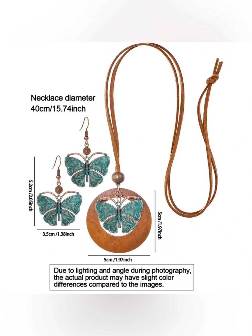 Copper & Teal Butterfly moth leather cord Necklace and Earring Set